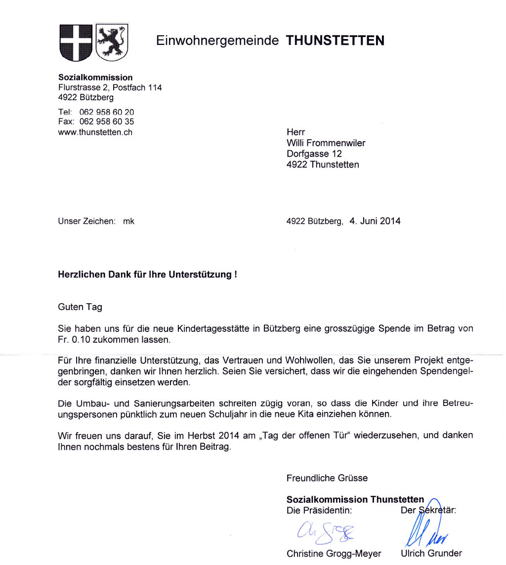 Sozialkommission Thunstetten Verdankung Spende